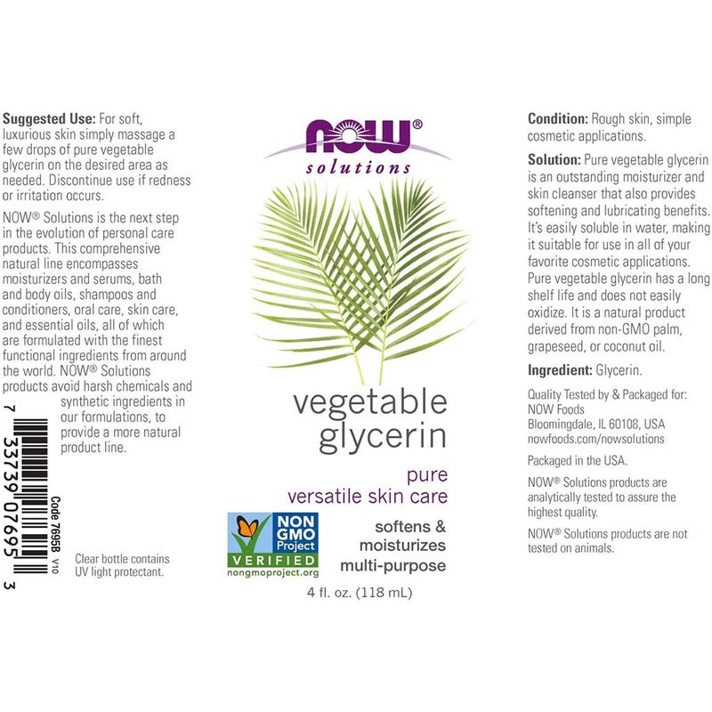 Now Solutions Vegetable Glycerin Oil, 100% Pure For Rough & Dry Skin Moisturization 118ml