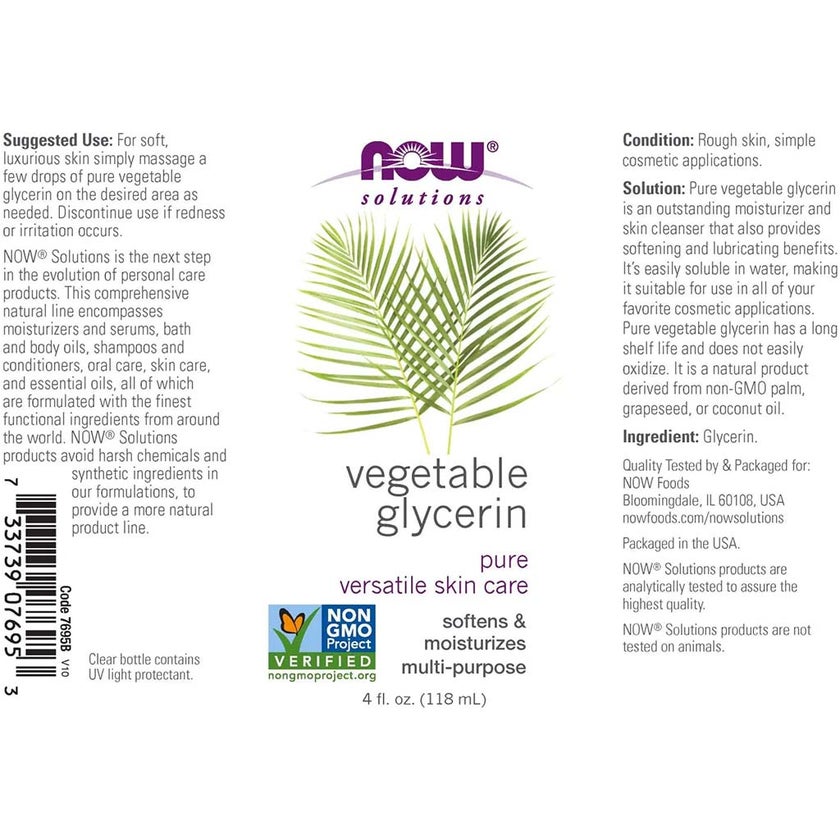 Now Solutions Vegetable Glycerin Oil, 100% Pure For Rough & Dry Skin Moisturization 118ml