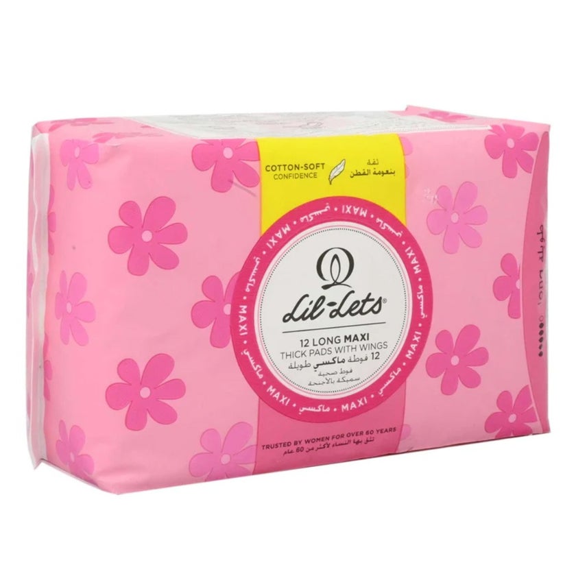 Lil-lets Maxi Thick Long Cotton Soft Sanitary Pads With Wings, Pack of 12's