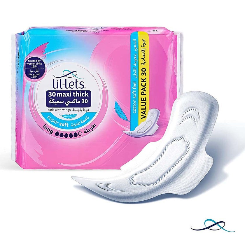 Lil-lets Maxi Thick Cotton Soft Long Sanitary Pads With Wings, Pack of 30's
