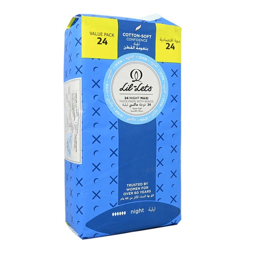 Lil-lets Maxi Thick Cotton Soft Night Sanitary Pads With Wings, Pack of 24's