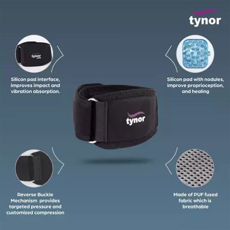 Tynor Tennis Elbow Support With Silicone Pad Large Size - Black, Pack of 1’s