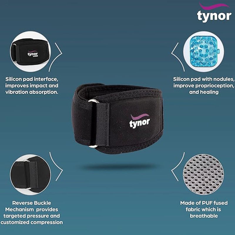 Tynor Tennis Elbow Support With Silicone Pad Medium Size - Black, Pack of 1’s