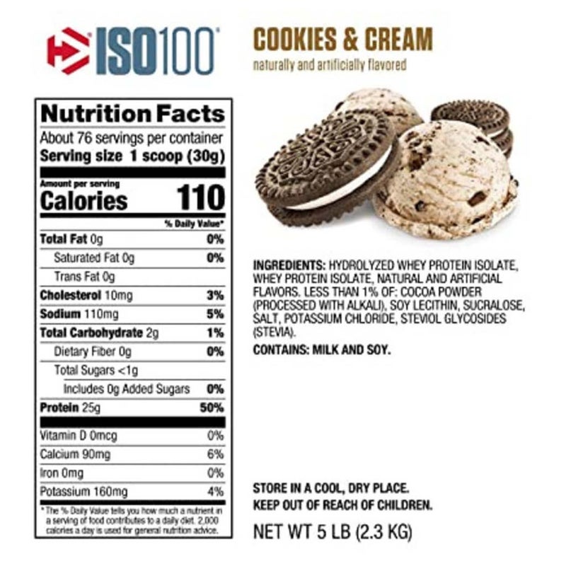 Dymatize ISO 100 Fast Absorbing Protein Powder, 100% Whey Protein Isolate, Gourmet Cookies & Cream, 2.3kg