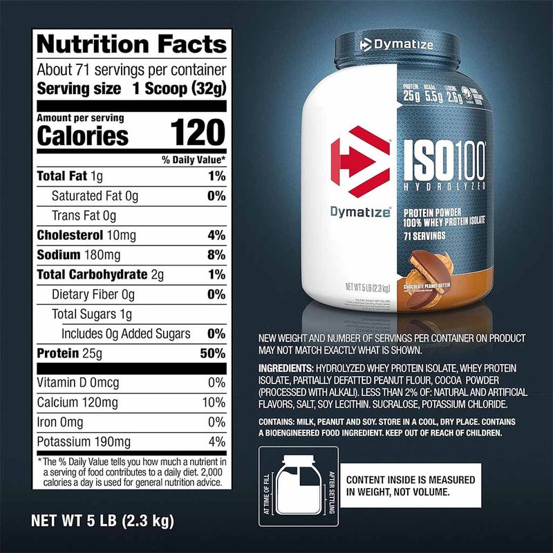 Dymatize ISO 100 Fast Absorbing Protein Powder, 100% Whey Protein Isolate, Gourmet Chocolate Peanut Butter, 2.3kg