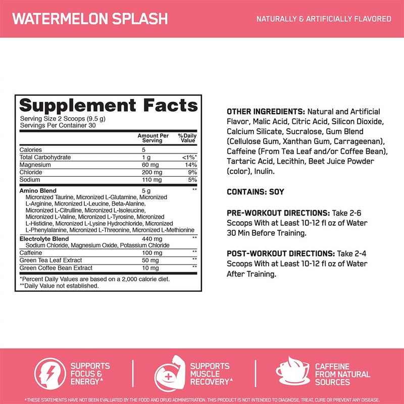 Optimum Nutrition Essential Amino Energy Electrolytes Watermelon 285g 30 Servings