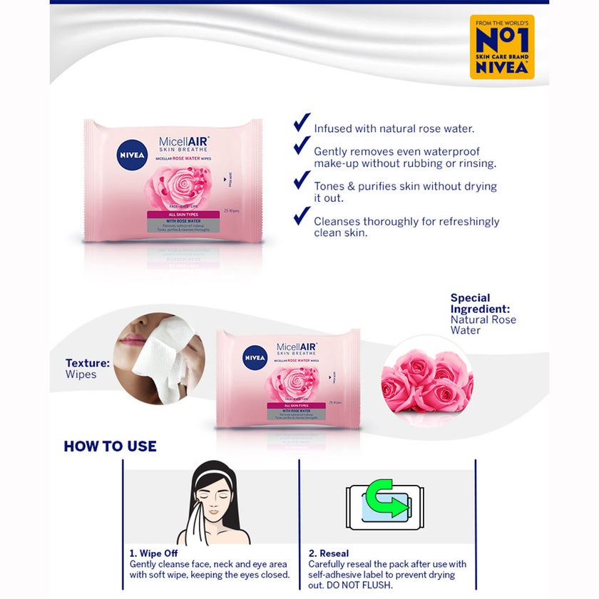 Nivea MicellAIR Skin Breathe Micellar Rose Water Face Wipes, Pack of 25’s