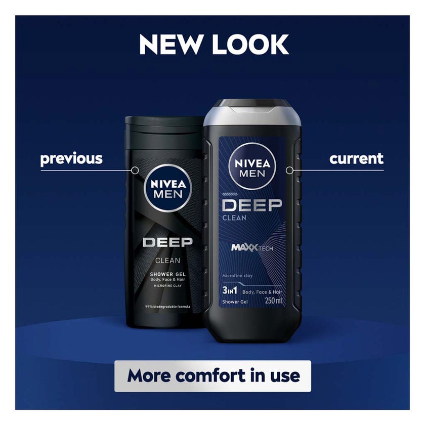 Nivea Men Deep Clean Maxx Tech 3 in 1 Face, Body & Hair Shower Gel 250ml