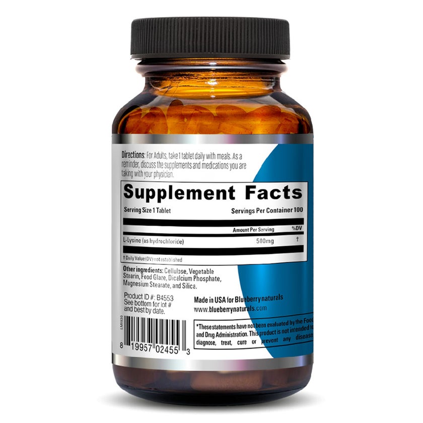 Blueberry Naturals L- Lysine 500mg Tablets, Pack of 100's