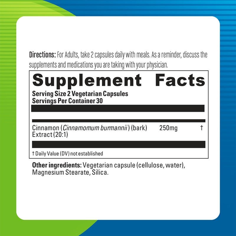Blueberry Naturals Cinnamon Extract 250mg Vegetarian Capsules For Healthy Blood Sugar Support, Pack of 60's