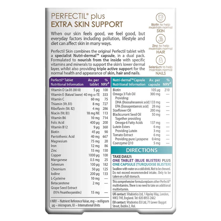 Vitabiotics Perfectil Skin Extra Support, Dual Pack of Multivitamin Tablets 28's + Nutri-Dermal Capsules 28's