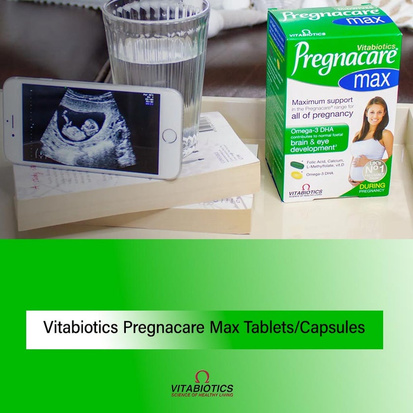 Vitabiotics Pregnacare Max Prenatal Supplement With Folic Acid & Omega 3 For Pregnancy Support, Dual Pack of Prenatal Micronutrient Tablets 56's + Omega-3 DHA Capsules 28's