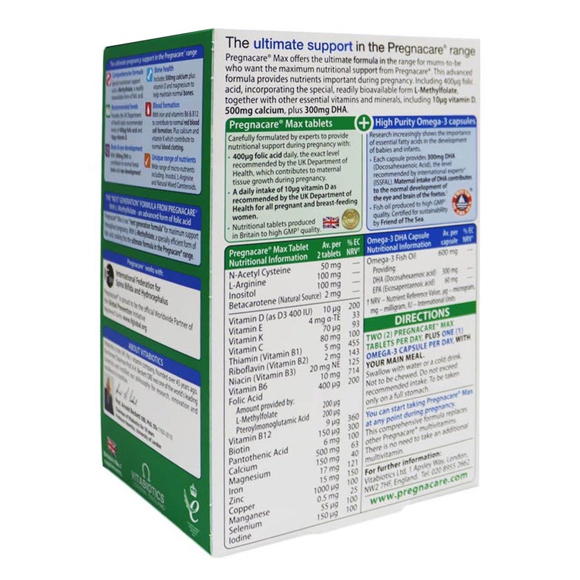 Vitabiotics Pregnacare Max Prenatal Supplement With Folic Acid & Omega 3 For Pregnancy Support, Dual Pack of Prenatal Micronutrient Tablets 56's + Omega-3 DHA Capsules 28's