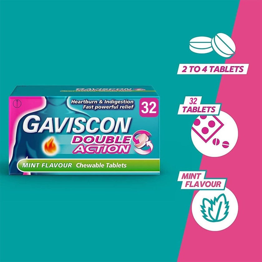 Gaviscon Double Action Chewable Tablets For Indigestion And Heartburn Mint Flavour, Pack of 32's