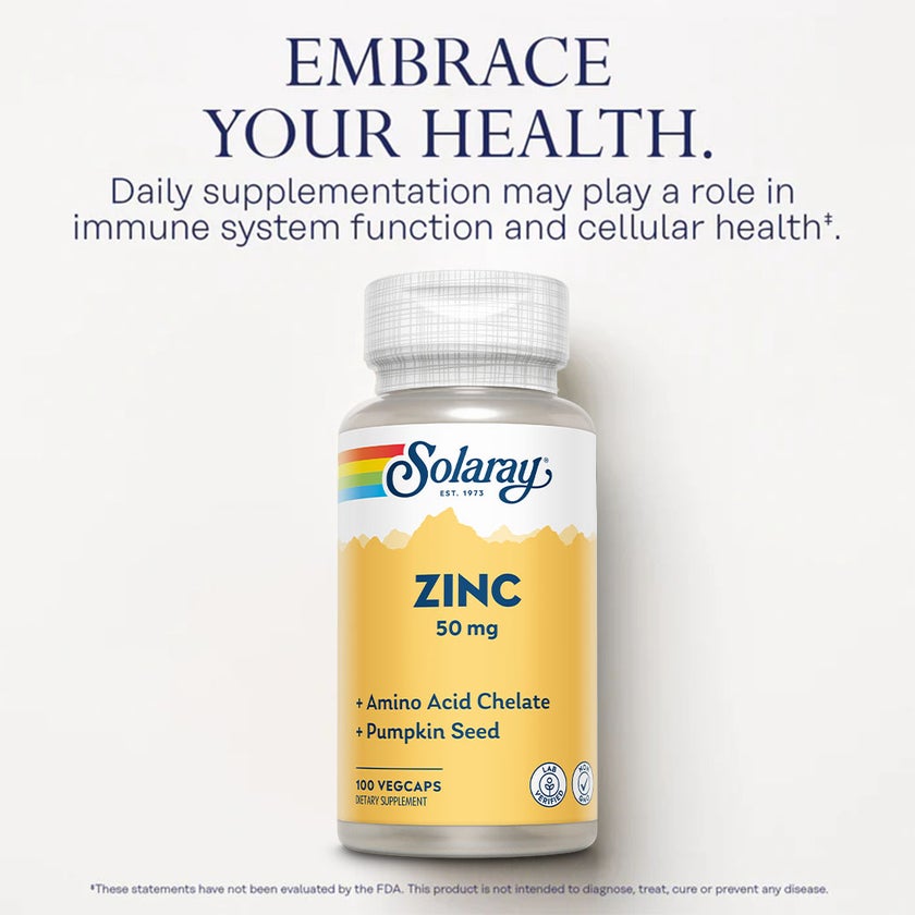 Solaray Zinc 50mg Veg Capsules, Pack of 100's