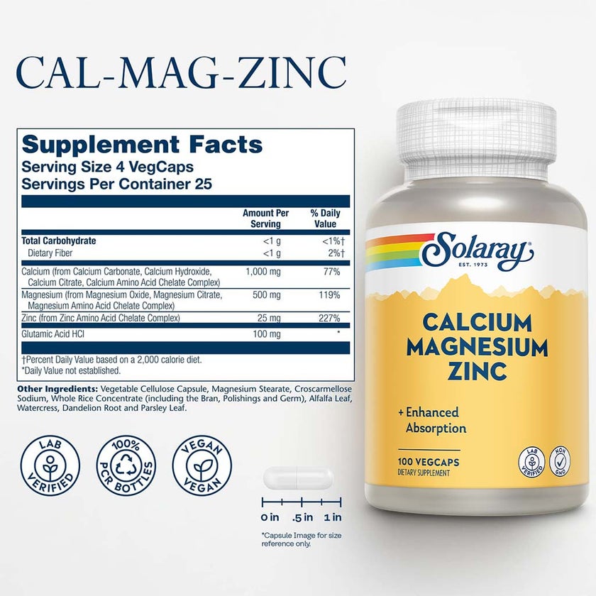 Solaray Calcium Magnesium Zinc Veg Capsules, Pack of 100's