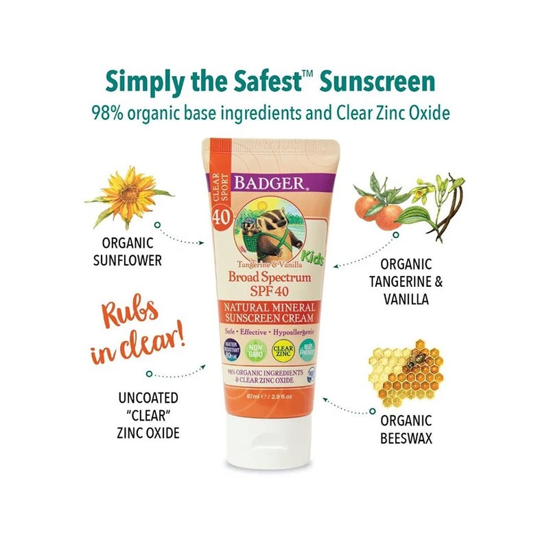 Badger Clear Sport Kids Clear Zinc Oxide SPF40 Natural Mineral Sunscreen Cream 87 mL