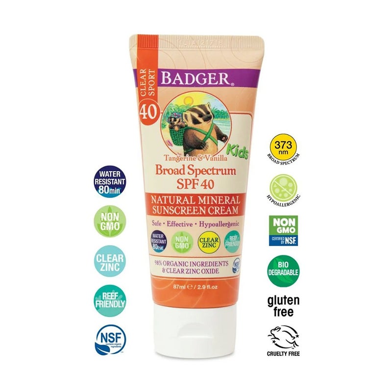Badger Clear Sport Kids Clear Zinc Oxide SPF40 Natural Mineral Sunscreen Cream 87 mL