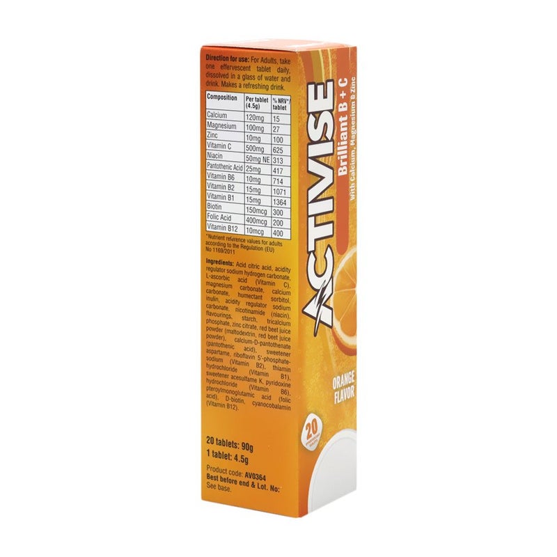 Activise Brilliant B + C Vitamin B complex & C Effervescent Tablets For Immune & Energy Boost, Pack of 20's