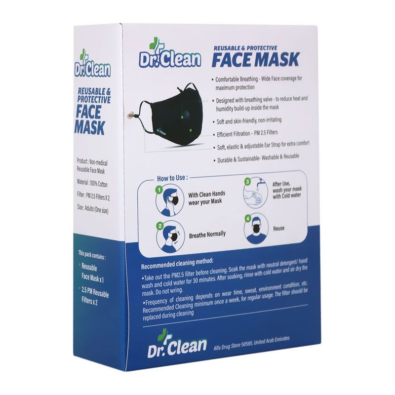Dr. Clean Reusable & Protective Face Mask Adult Black 1's