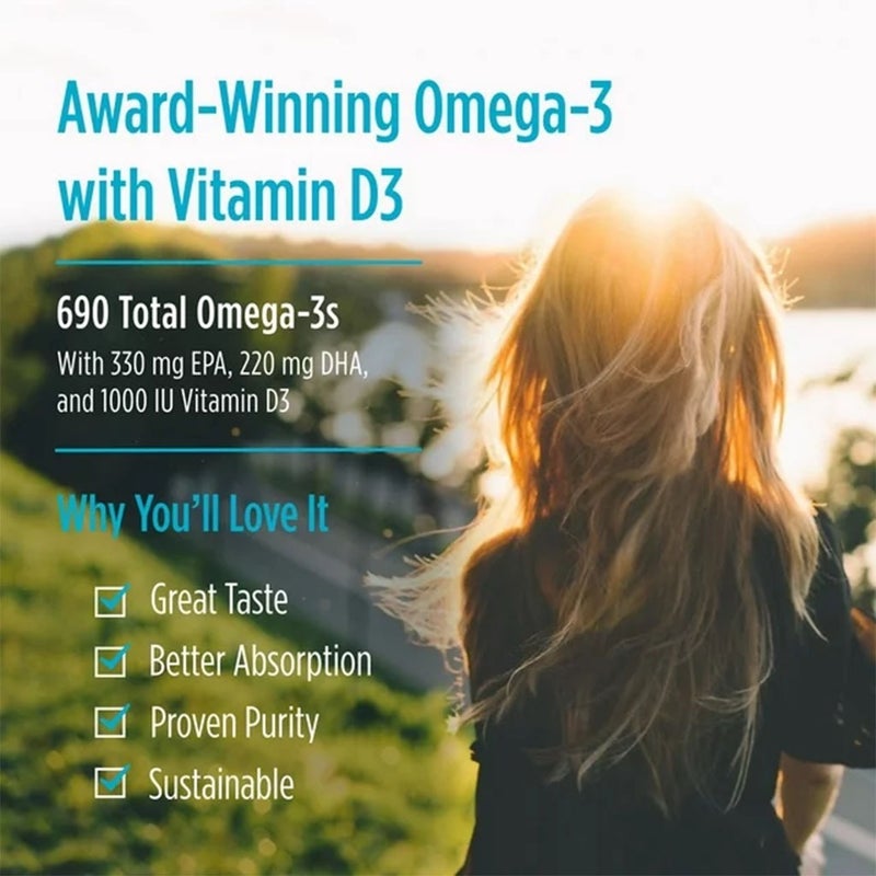 Nordic Naturals Omega 3D Omega 3 + Vitamin D3 Fish Oil Supplement Softgels - Lemon Flavour, Pack of 60's