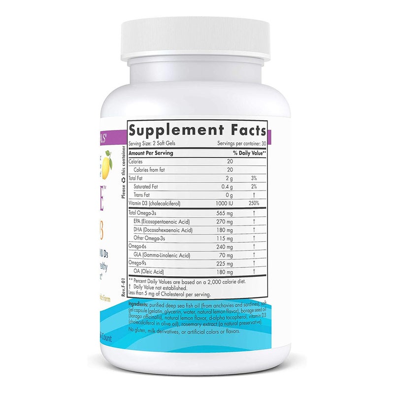 Nordic Naturals Complete Omega-D3 Omega 3 6 9 + Vitamin D3 Fish Oil Supplement Softgels - Lemon Flavour, Pack of 60's