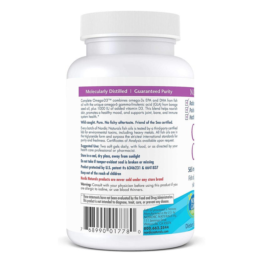 Nordic Naturals Complete Omega-D3 Omega 3 6 9 + Vitamin D3 Fish Oil Supplement Softgels - Lemon Flavour, Pack of 60's