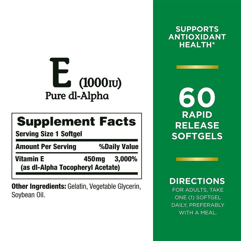 Nature's Bounty E-1000IU Pure dl-Alpha Softgels, Pack of 50's
