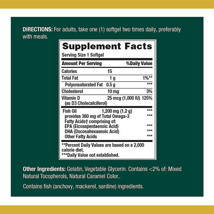 Nature's Bounty 1200mg Fish Oil + 1000IU Vitamin D3 Supplement Softgels, Pack of 90's