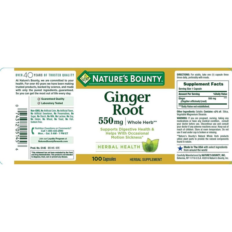 Nature's Bounty Ginger Root 550 mg Capsules 100's