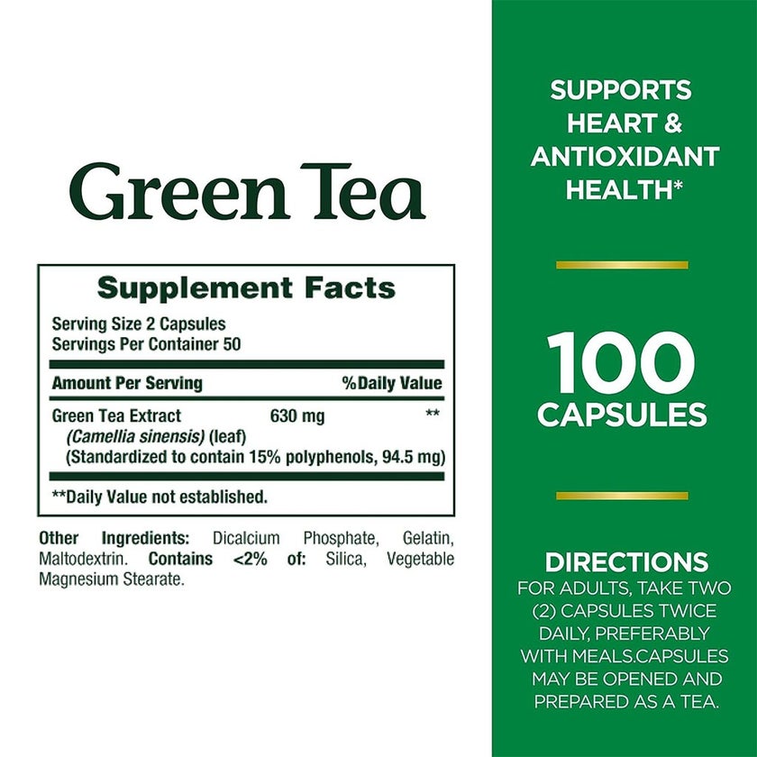 Nature's Bounty Green Tea Extract 315mg Capsules For Antioxidant Support, Pack of 100's