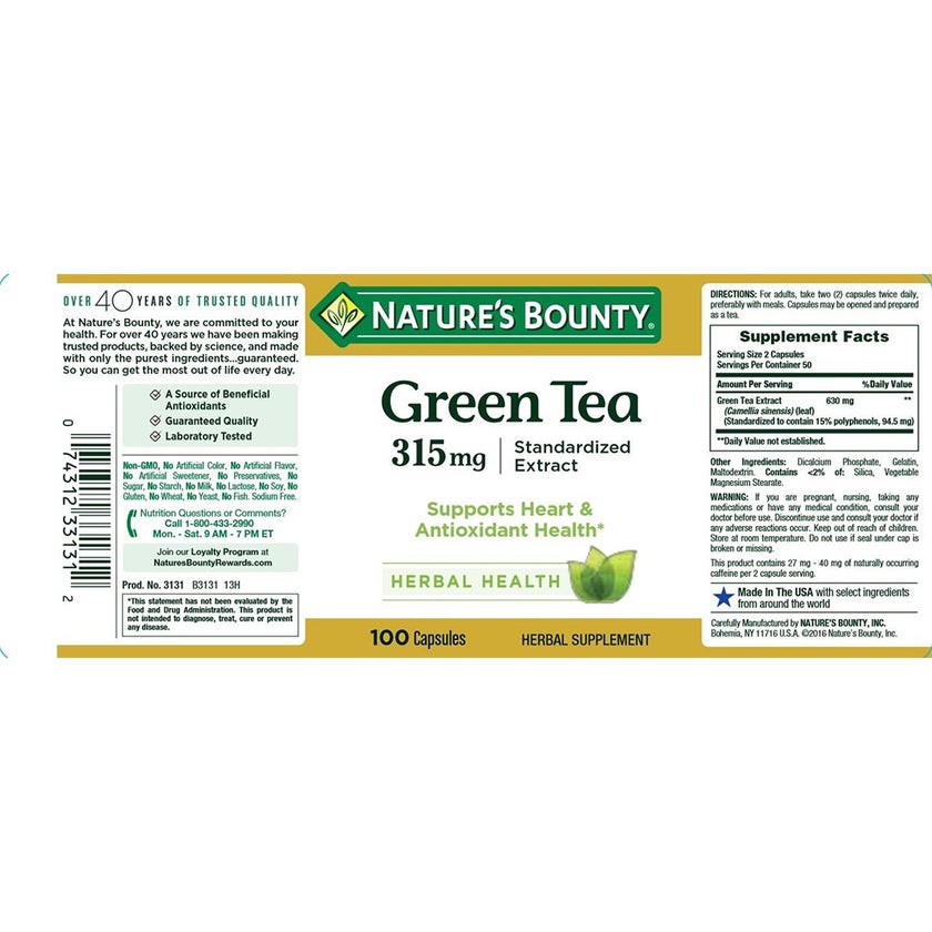 Nature's Bounty Green Tea Extract 315mg Capsules For Antioxidant Support, Pack of 100's