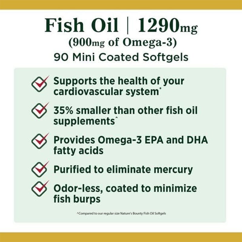 Nature's Bounty 1290mg Mini Fish Oil Supplment Softgels, Pack of  90's