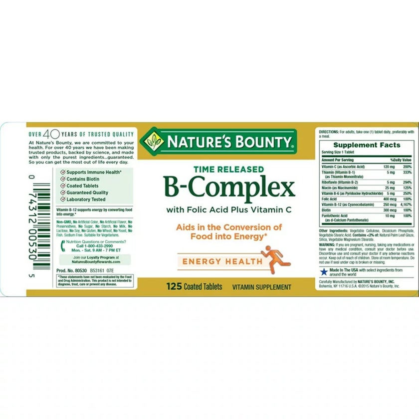 Nature's Bounty B-Complex with Folic Acid Plus Vitamin C Tablets, Pack of 125's