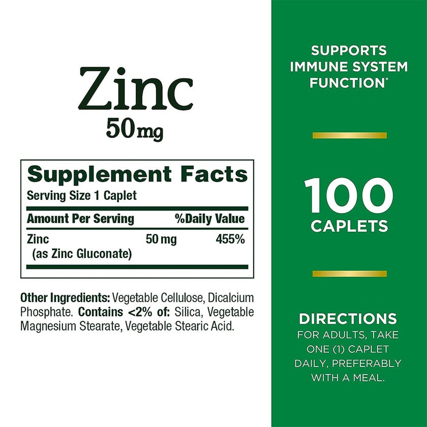 Nature's Bounty Zinc 50mg Caplets, Pack of 100's