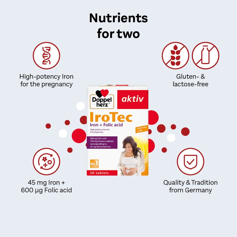 Doppelherz aktiv IroTec Iron + Folic Acid Tablets For Pregnancy Support, Pack of 30's