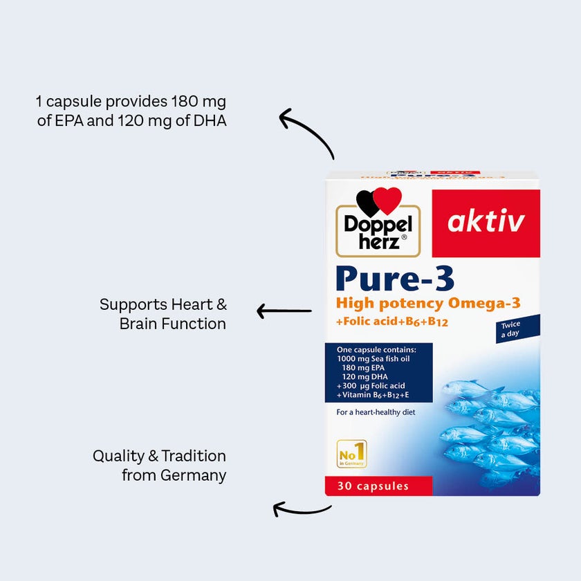 Doppelherz aktiv Pure-3 1000mg Omega 3, Folic Acid, Vitamin E, B6 & B12 Fish Oil Supplement Capsules, Pack of 30's