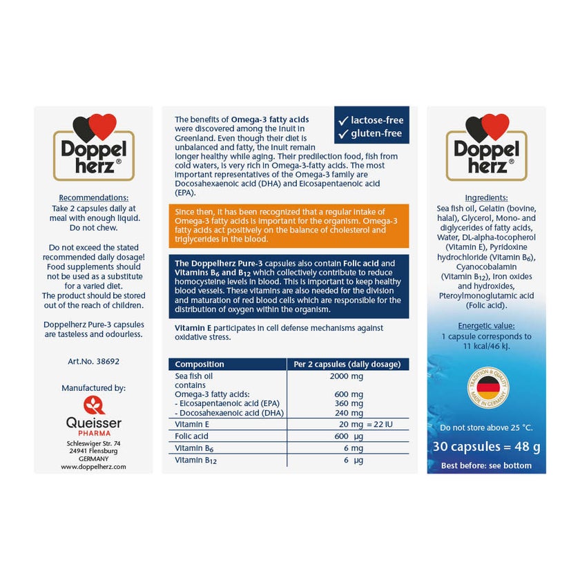 Doppelherz aktiv Pure-3 1000mg Omega 3, Folic Acid, Vitamin E, B6 & B12 Fish Oil Supplement Capsules, Pack of 30's