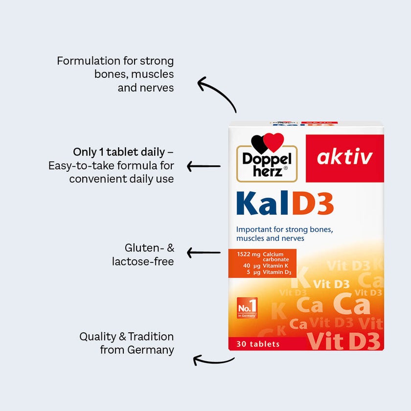 Doppelherz aktiv KalD3 Tablets With Calcium, Vitamin K & Vitamin D For Strong Bones, Muscles & Nerves, Pack of 30's