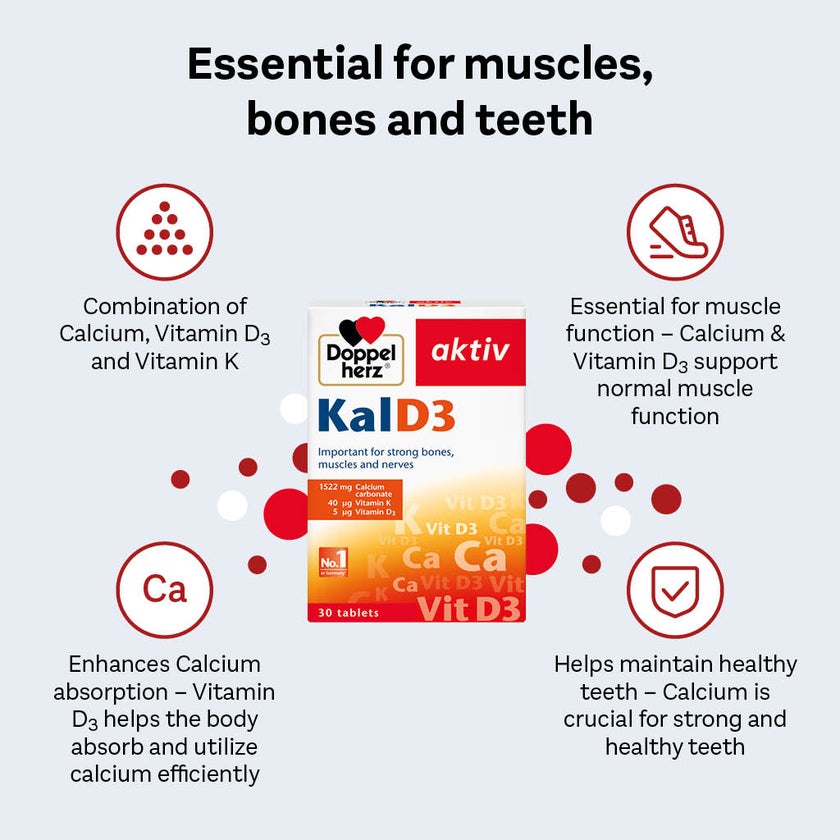 Doppelherz aktiv KalD3 Tablets With Calcium, Vitamin K & Vitamin D For Strong Bones, Muscles & Nerves, Pack of 30's