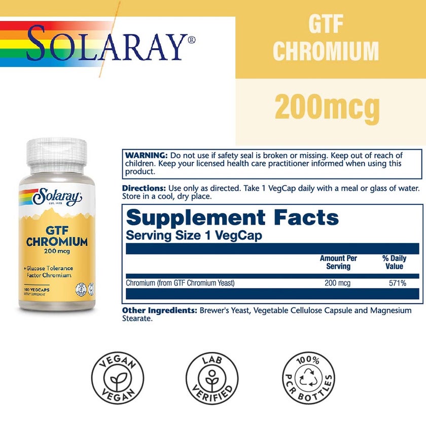 Solaray GTF Chromium 200mcg Veg Capsules, Pack of 100's