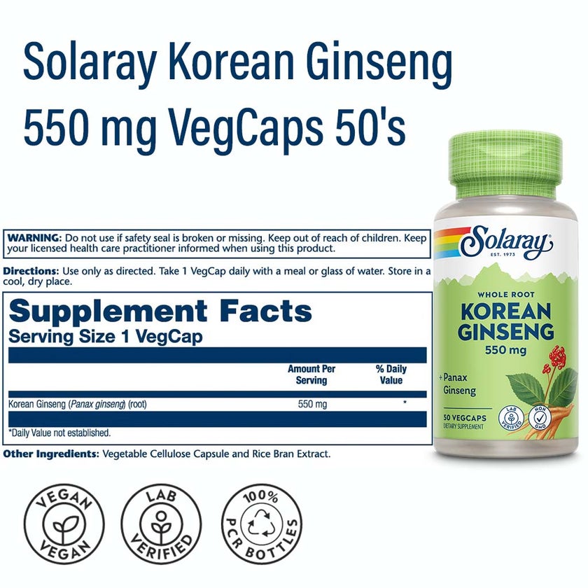 Solaray Korean Ginseng 550mg VegCaps, Pack of 50's