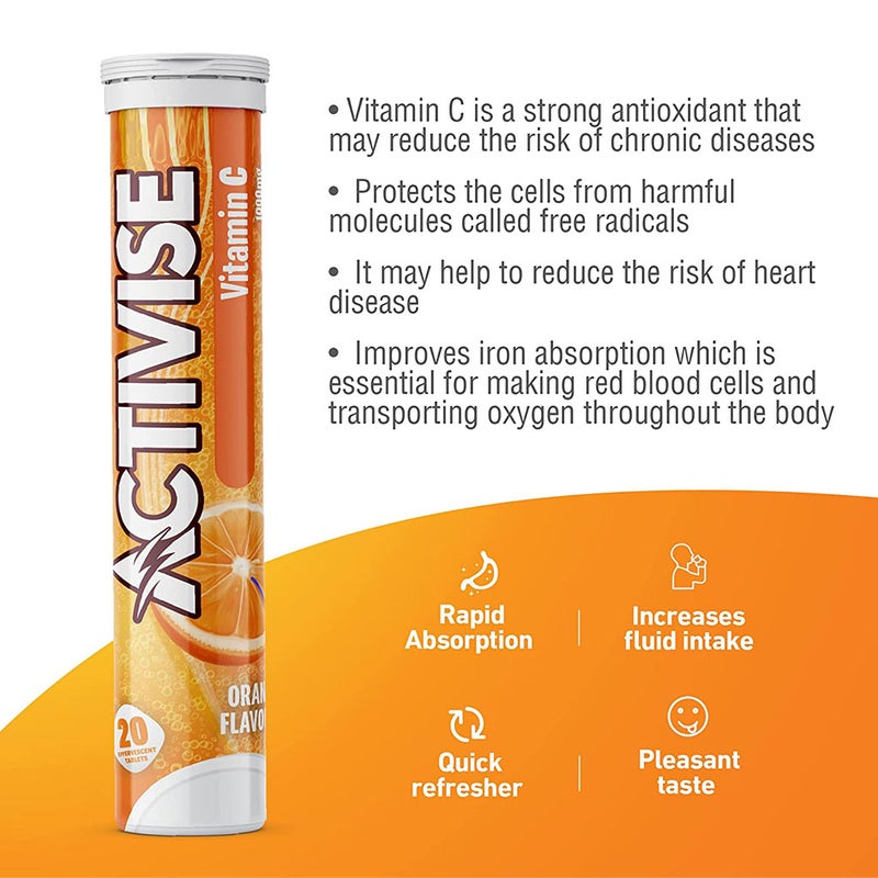 Activise Vitamin C 1000 mg Orange Flavor Effervescent Tablets For Immunity Boost, Value Pack of 2x20's