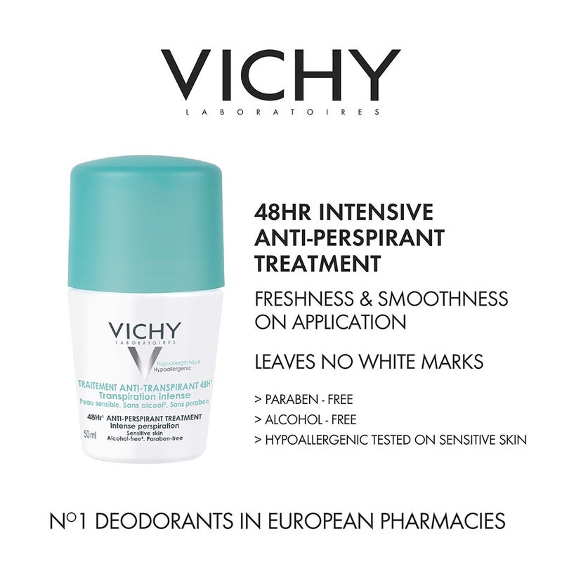 Vichy 48 Hours Anti-Perspirant Deodorant Roll-On Intensive Treatment 50ml, Buy 1 Get 50% Off On 2nd Piece, Promo Pack 