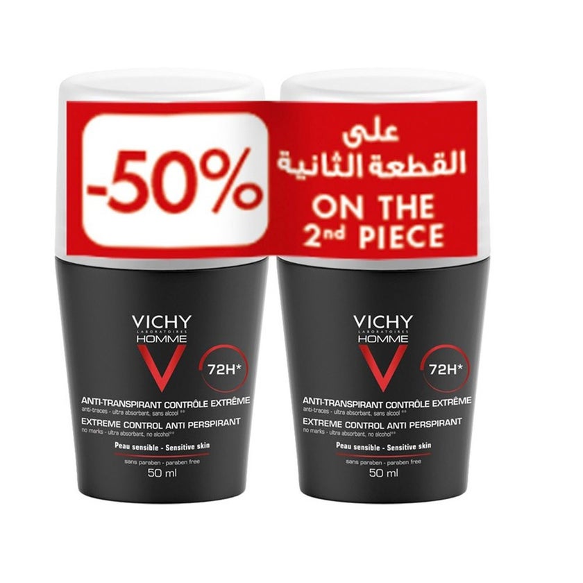 Vichy Homme 72 Hour Soothing Anti Perspirant Deodorant Roll-On 50ml, Buy 1 Get 50% Off On 2nd Piece, Promo Pack