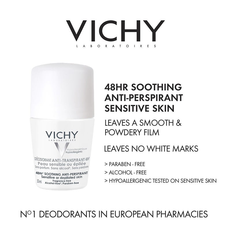 Vichy 48 Hours Soothing Anti Perspirant Deodorant Roll-On For Sensitive Skin 50ml, Buy 1 Get 50% Off On 2nd Piece, Promo Pack 