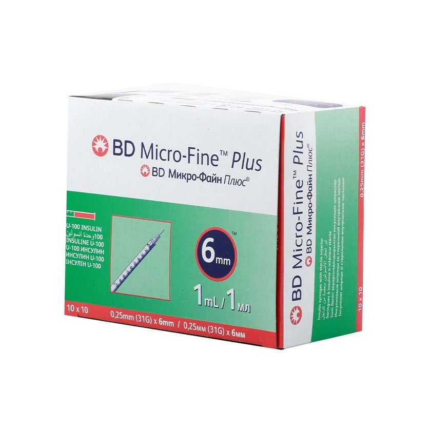 BD Micro-Fine+ Insulin 1ml Syringe 0.25mm (31g) x 6 mm, Pack of 100's
