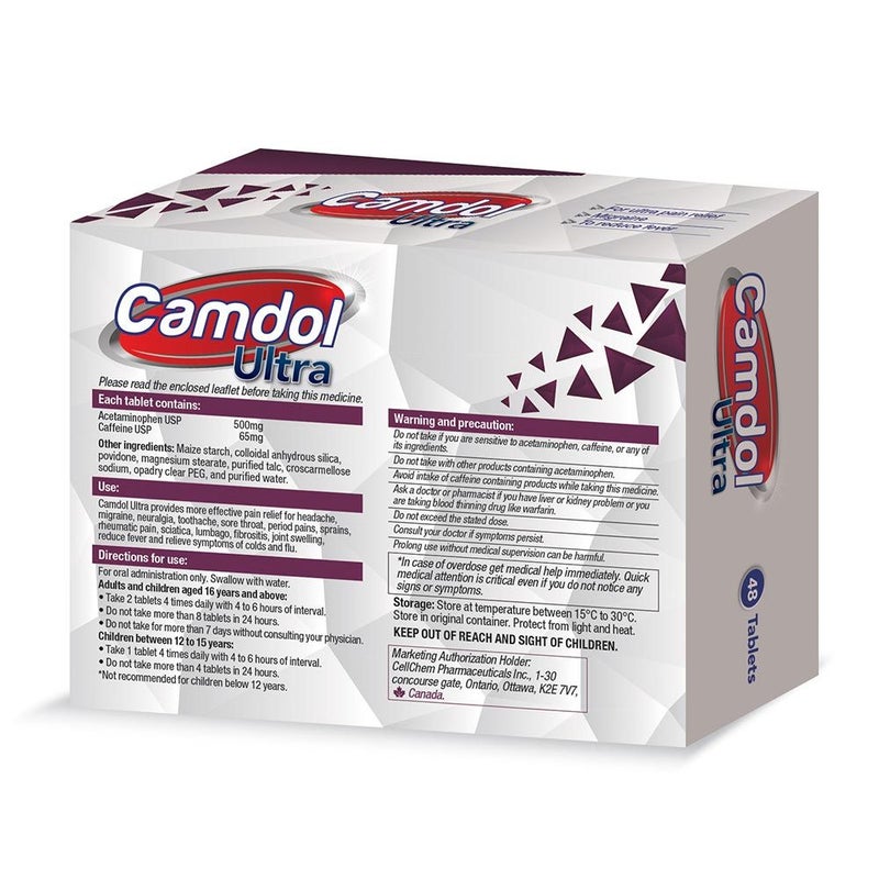 Camdol Ultra Paracetamol 500mg and Caffiene 65mg Pain Relief Tablets, Pack of 48's