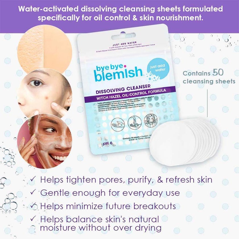 Bye Bye Blemish Dissolving Cleanser Sheets, Pack of 50's