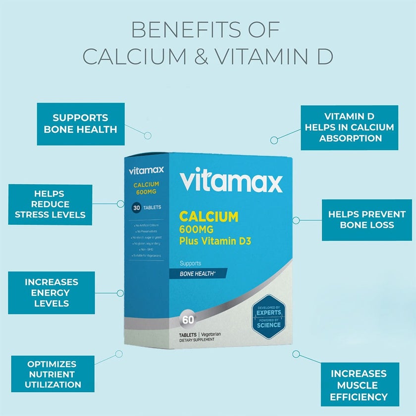 Vitamax Calcium 600mg + Vitamin-D3 400IU Tablets For Bone Health, Pack of 60's